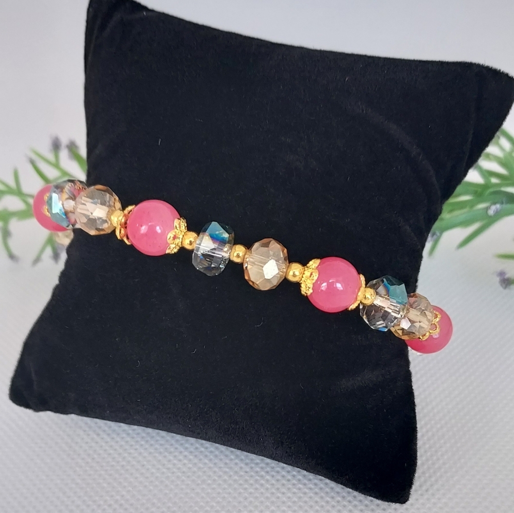 Beaded Bracelet Elegant Pink Blue and Gold NEW